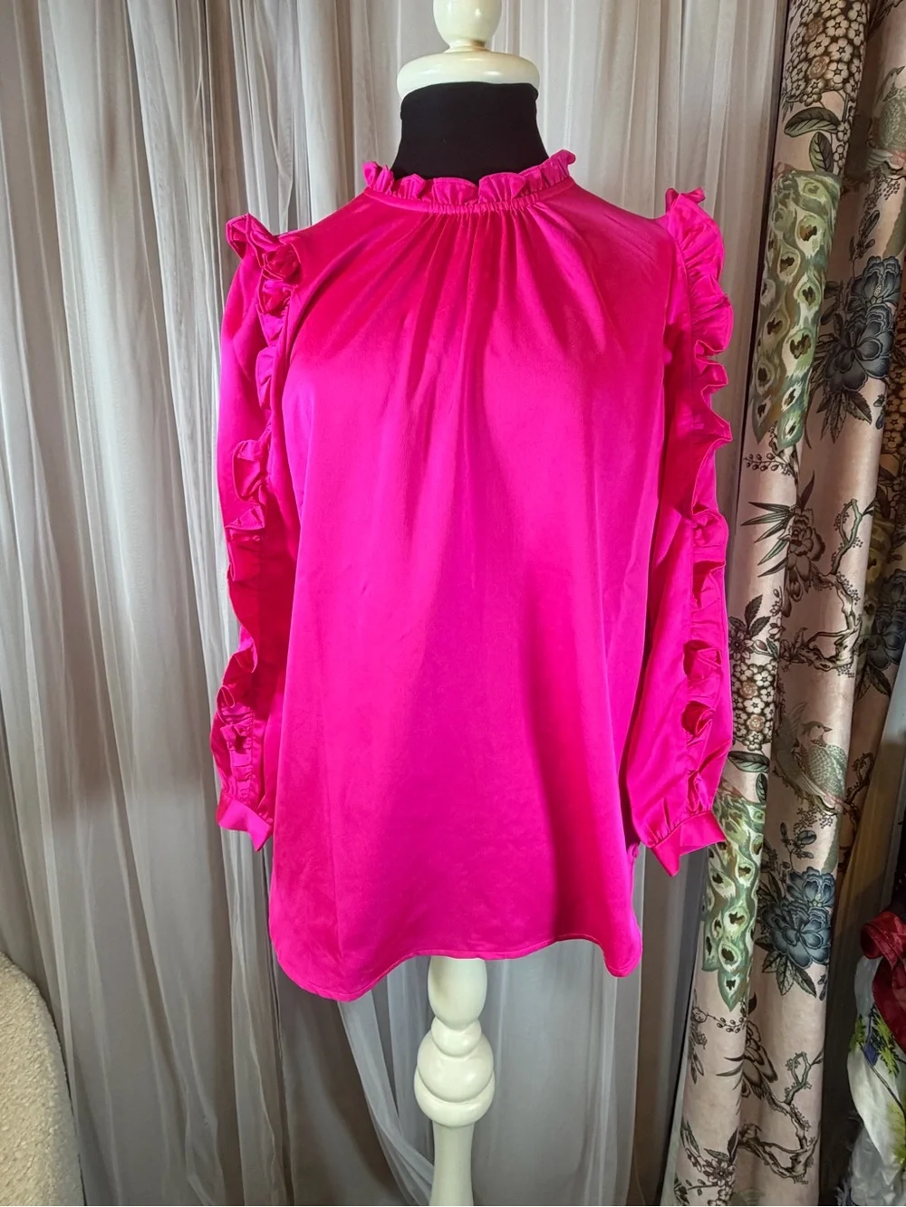 J. Crew Hot Pink Ruffle-Trim High Neck Blouse